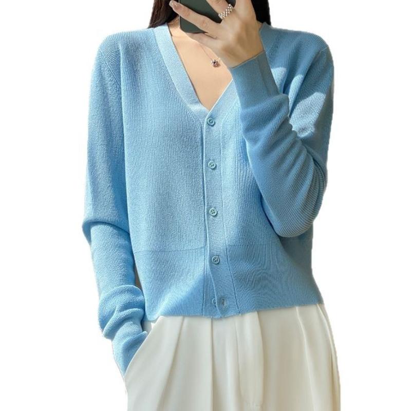 Latest Spring and Summer Ice Silk Cardigan for Women Korean Version Simple Everyday One Tone Top Sun Protection V-neck Slimming Sweater Jacket