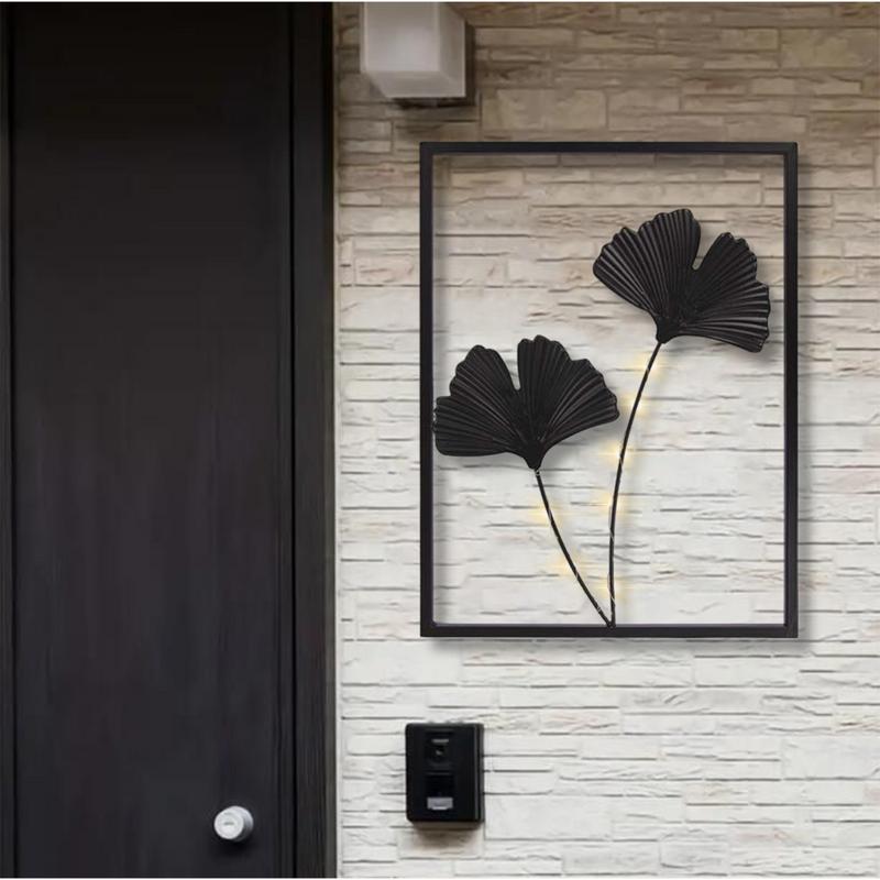 Metal Art Wall Decor Carving Black Metal Decorative Wall Art with LED Light Iron Sculptures for Hallway Entryway Fireplace Door