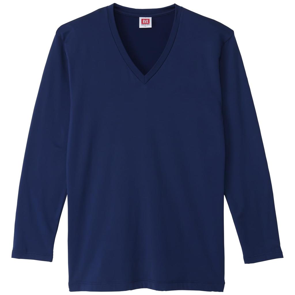 BVD Instant Warm Long Sleeve Soft Dark Size LL Fleece-Lined V-Neck T-Shirt, Warm, Moisture-Wicking, Stretch, Anti-Static, Touch, Men's, Navy,