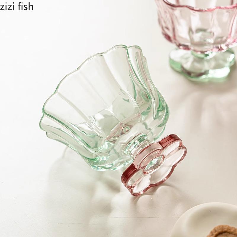 Creative Glass Flower Shaped Cup High Footed Yogurt Cup Dessert Cup Milk Beverage Cups Juice Cups Household Cute Water Cups