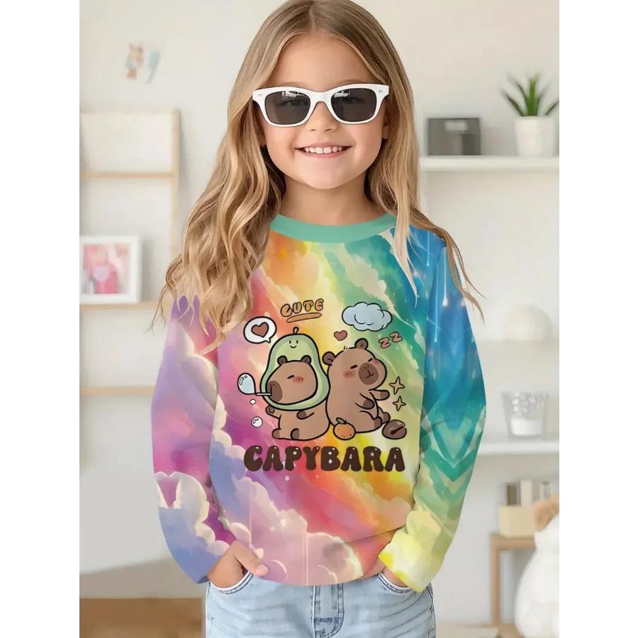 Capybara T-Shirts Children Cartoon Graphic Tee Harajuku Girl Tops Japanese Fashion Cute Animals Long Sleeves Children's Clothing