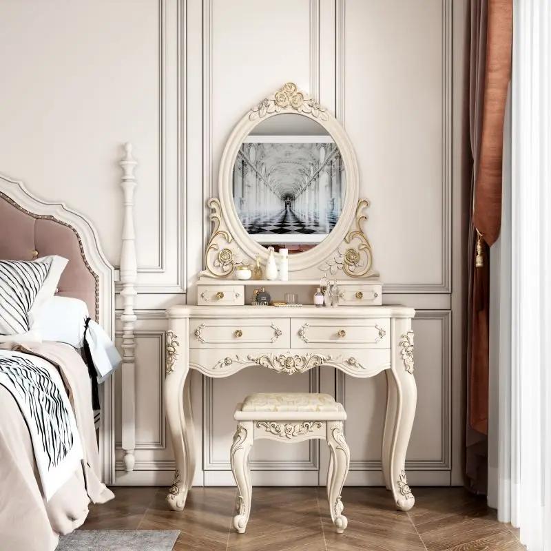 European Dressers Vanity Table Set with Mirror White Makeup Desk with Drawers & Stool - Small Wood Dressing Table for Bedroom
