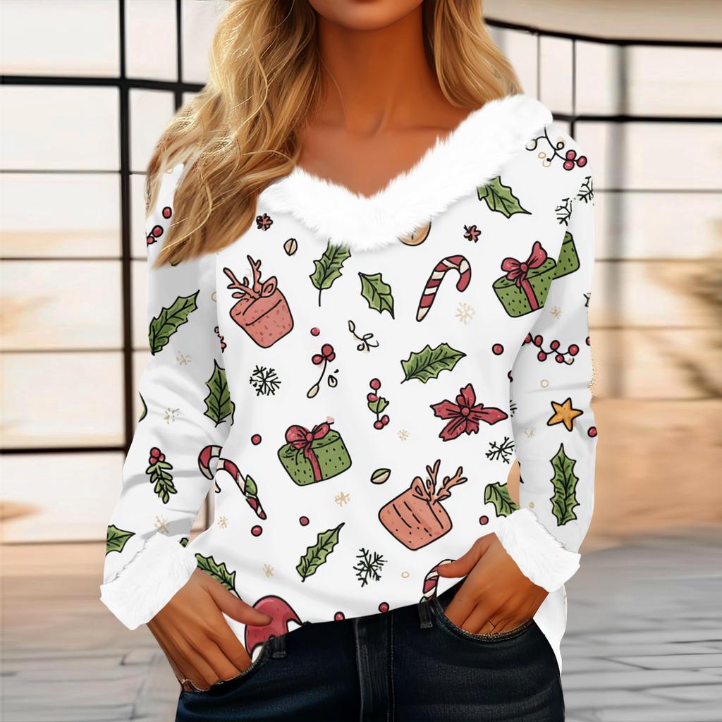 Women's Casual Fashion Long Sleeve Christmas Printed Flannel Collar Top