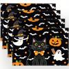 4pcs/6pcs Autumn Elements Thanksgiving Halloween Decorative Linen Placemats Featuring 2D Flat Patterns of Black Cats, Pumpkins, And Ghosts. They Are