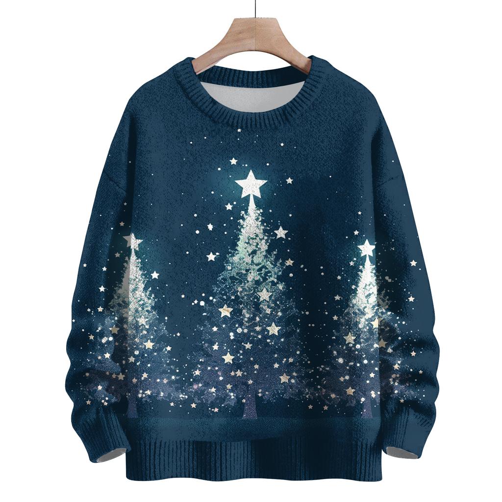 Ladies' Fashionable Casual Long Sleeved Christmas Printed Round Neck Knitted Yarn