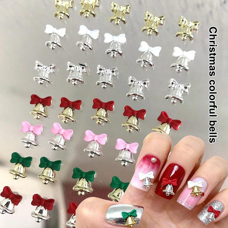 5Pcs Christmas Alloy Nail Accessories Mini Colored Bow Bell Rhinestones Jewelry Nail Art Charms Decorations 3D Flat Back Parts