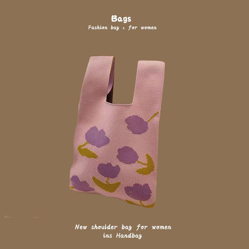 Ins Trendy Handbag Women'S Knitted Wool Bucket Bag Hand Carry Casual Tote Bag Box Lunch Bag