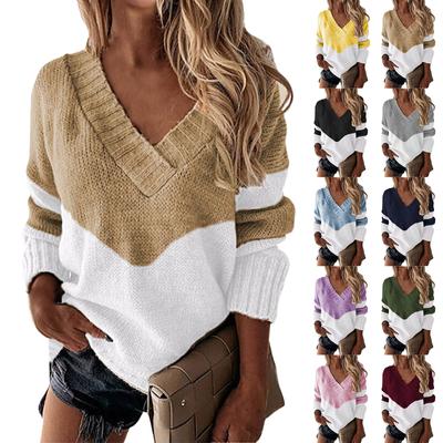 Women's Fashion V-Neck Sweater Loose Casual Solid Color Knitted Sweater