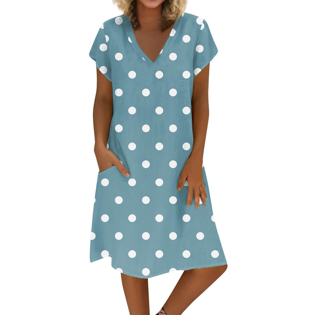 Women's Summer V-neck Short Sleeve Printed Cotton And Linen Dress