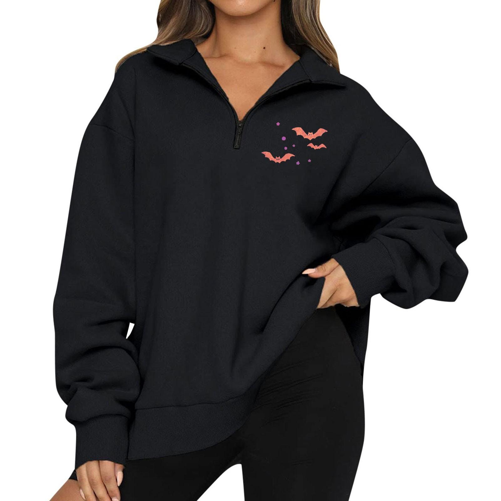 

Женская мода с длинным рукавом и принтом Хэллоуина на молнии свитшот-топ XL чёрный