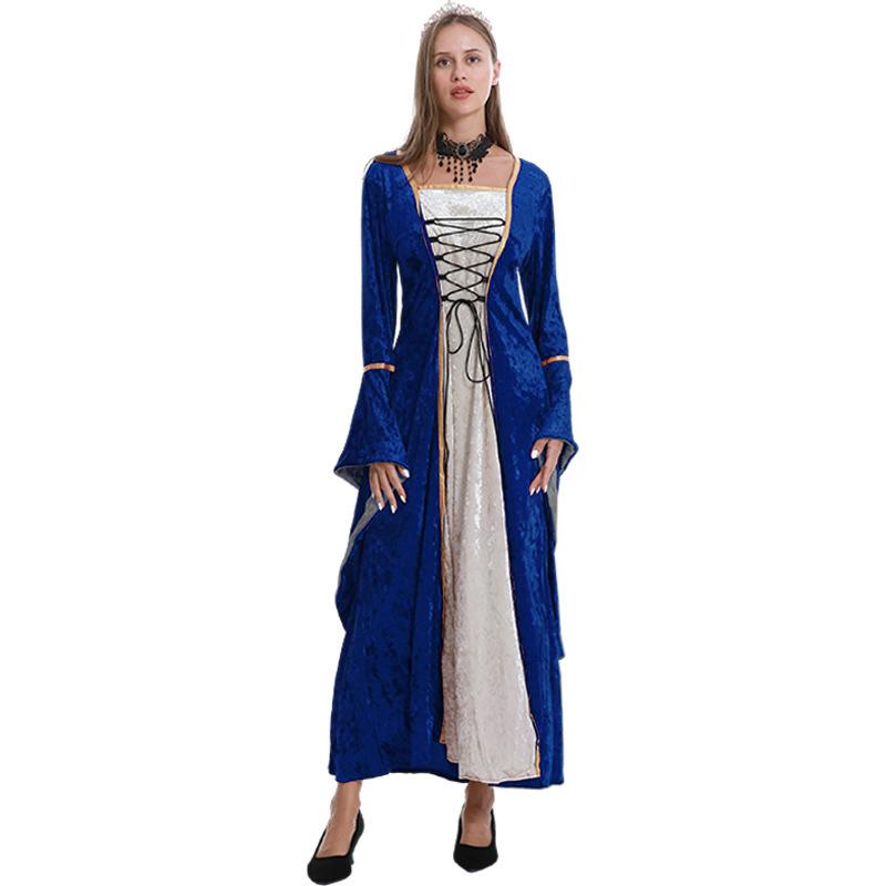 S-XL European beautiful woman medieval dress court queen dress long sleeve strap waist dress stage performance