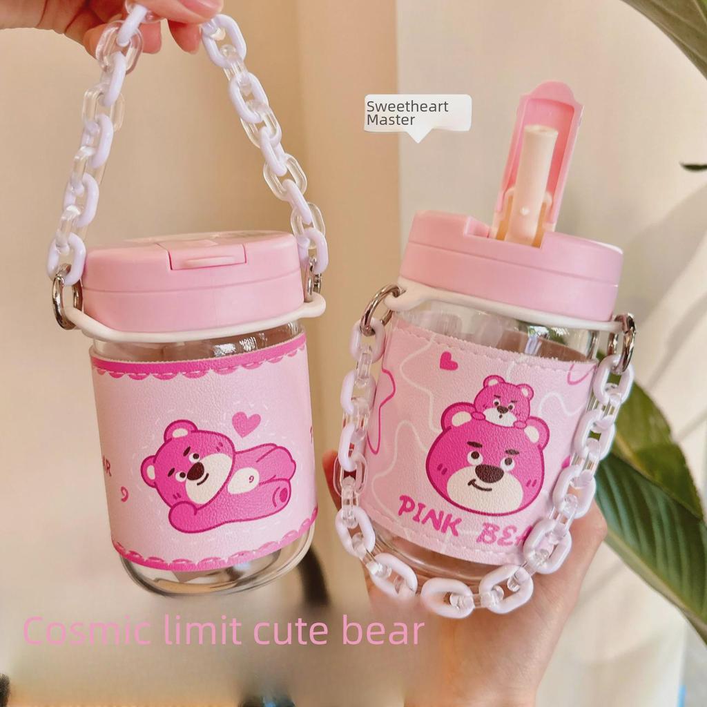 Adorable Bear Pink Straw Cup with Leather Case & Anti-Scalding Design - Portable Bracelet-Style Water Cup for Girls