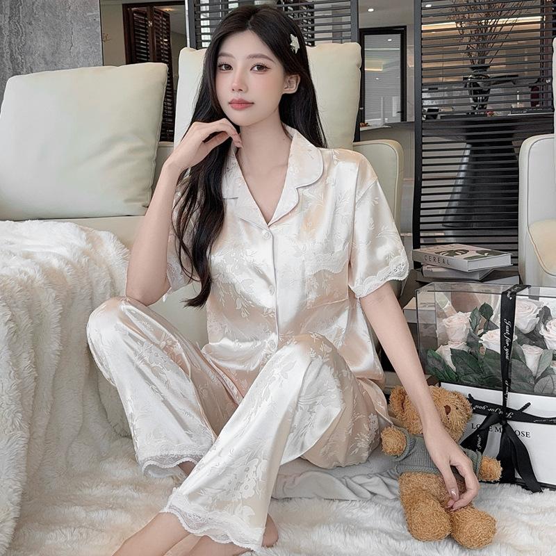 Fairy Wind Lace Ice Silk Pajamas Women'S Summer Short Sleeves Trousers High-End Floral Loungewear