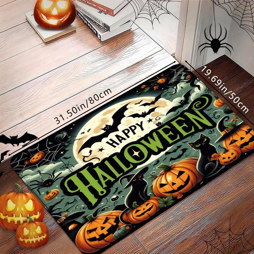 Halloween Pumpkin Cat Print Doormat, Spooky "Happy Halloween" Kitchen Rug, Absorbent Non-Slip Machine Washable Door Mat