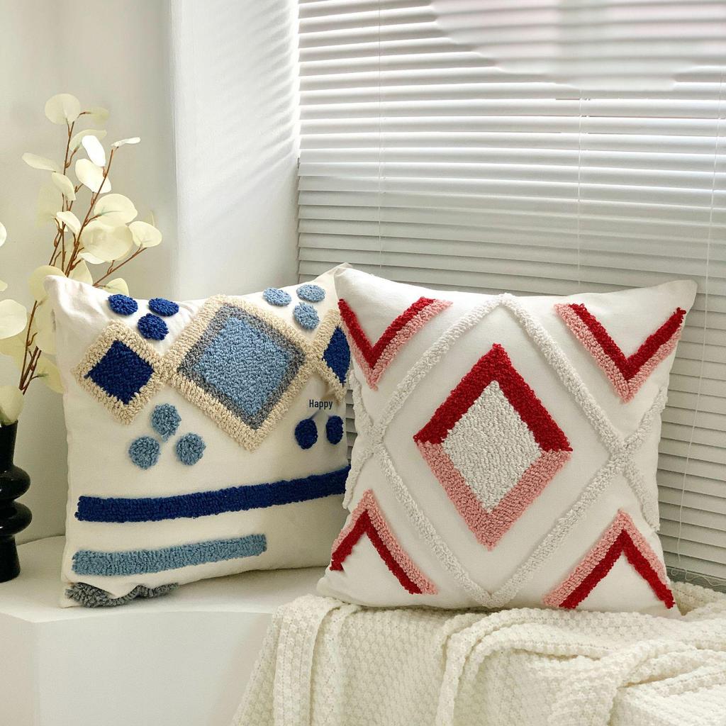 Bohemian Tassel Loop Pile Embroidered Throw Pillow for Sofa and Living Room