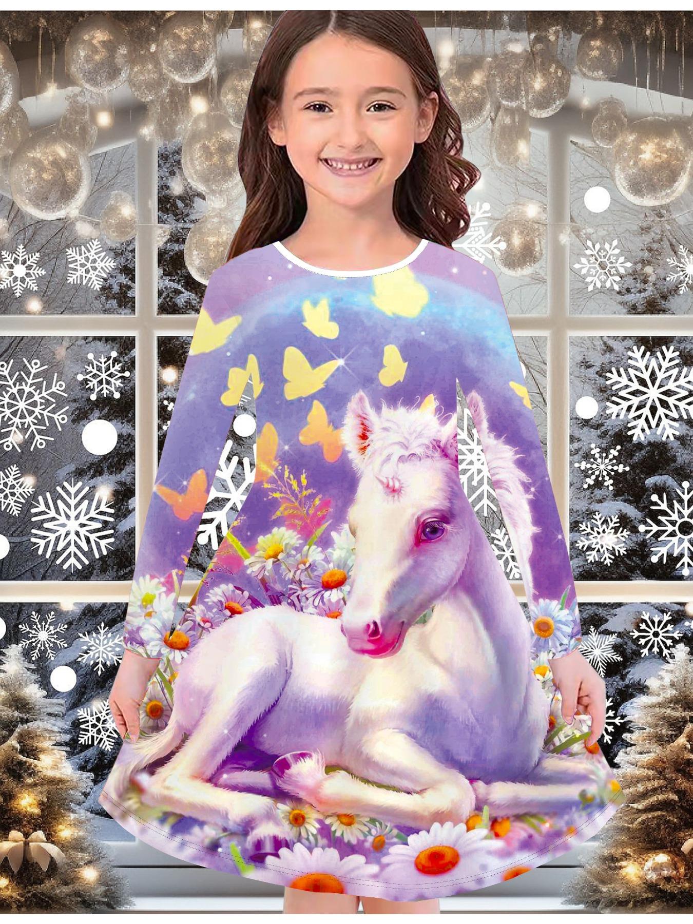 

Модное осенне-зимнее платье для девочек, с 3D принтом единорога, с круглым вырезом, длинное, детское платье-футболка, повседневное, универсальное, рождественская одежда 170 фиолетовый