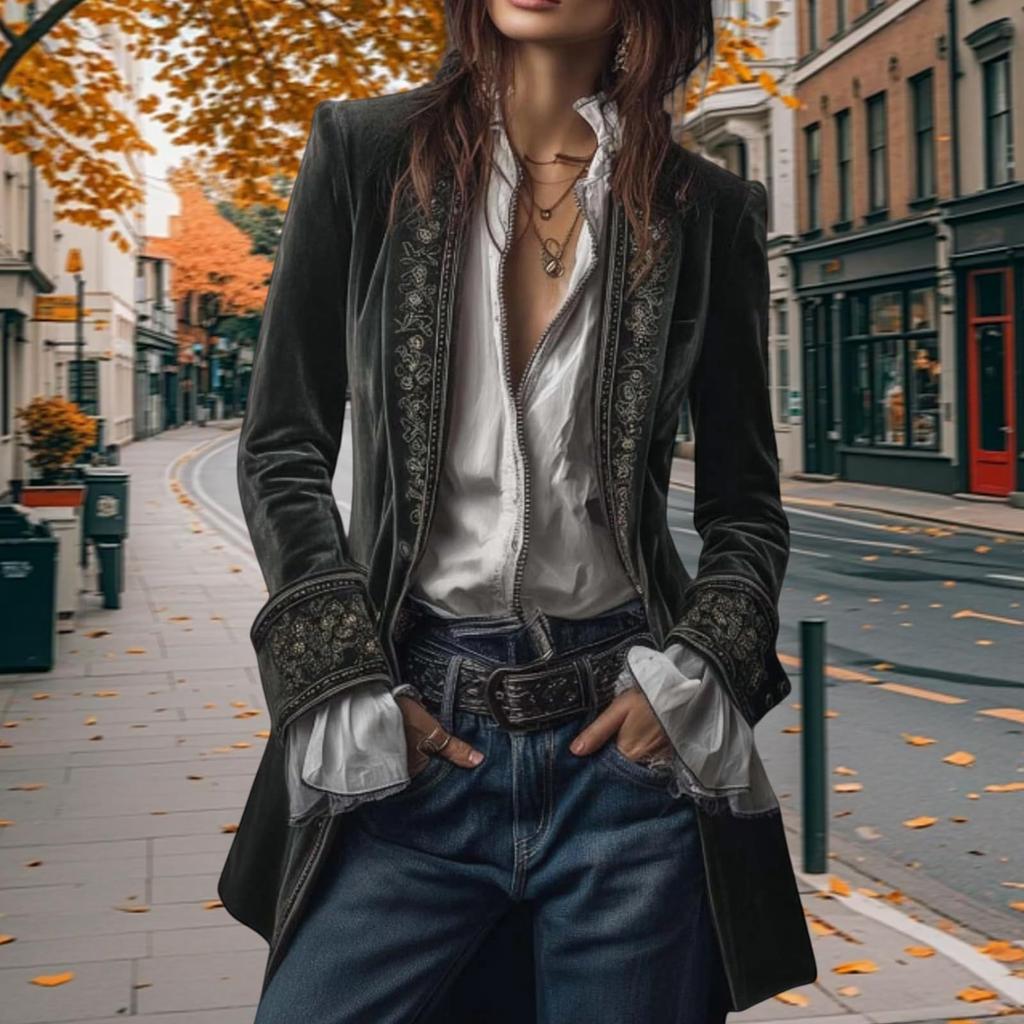 Women's Velvet Vintage Long-sleeved Cardigan With A Casual Opening And Mid-length Coat