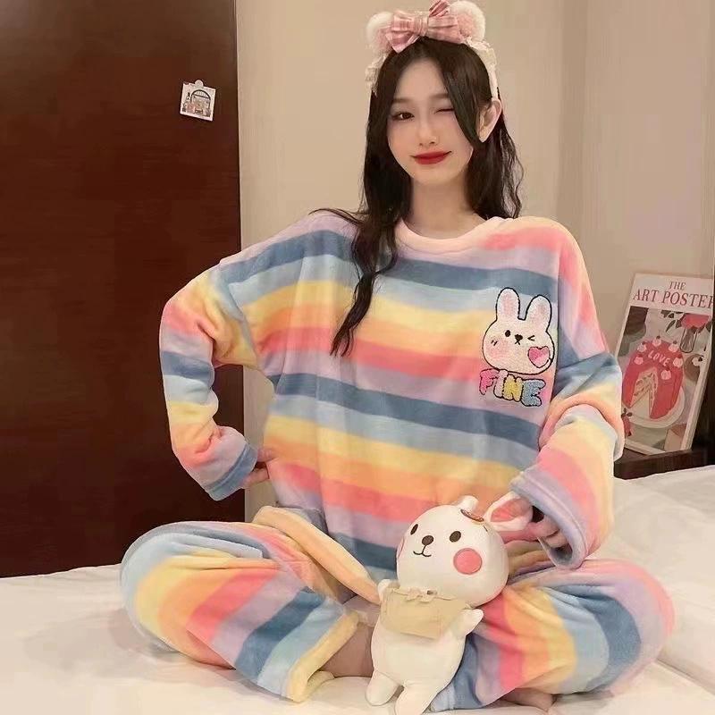 Cartoon Sweet Pajamas Women's Autumn and Winter Coral Fleece Thick Loose Large Size Suit