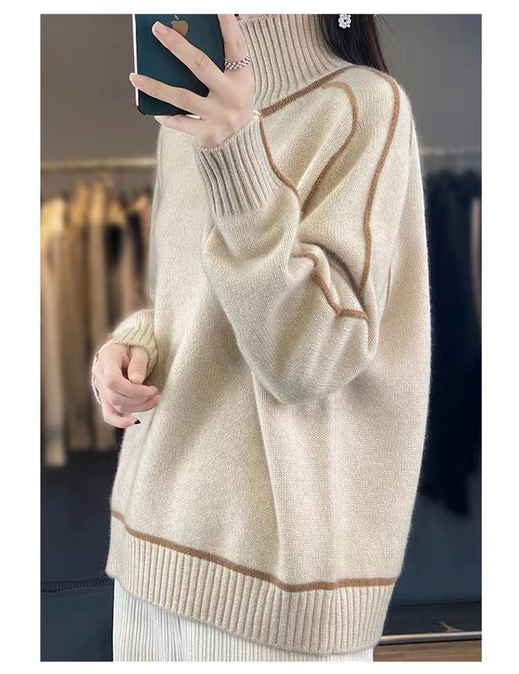 Women's Color Block High Neck Wool Sweater - Thickened Loose Knit Pullover for Autumn & Winter.