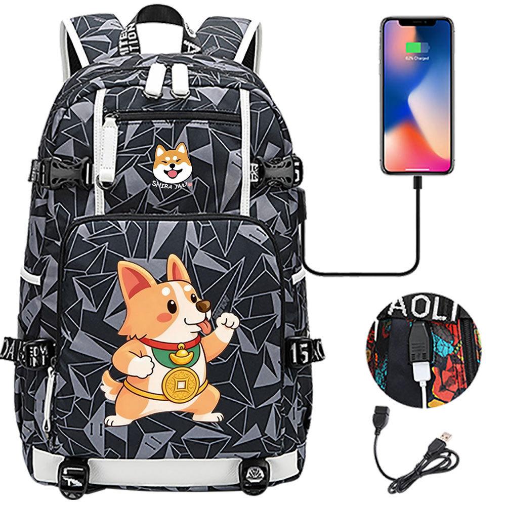 Cute Shiba Inu Corgi USB Charging Backpack for Middle High School Students Travel Casual Daypack