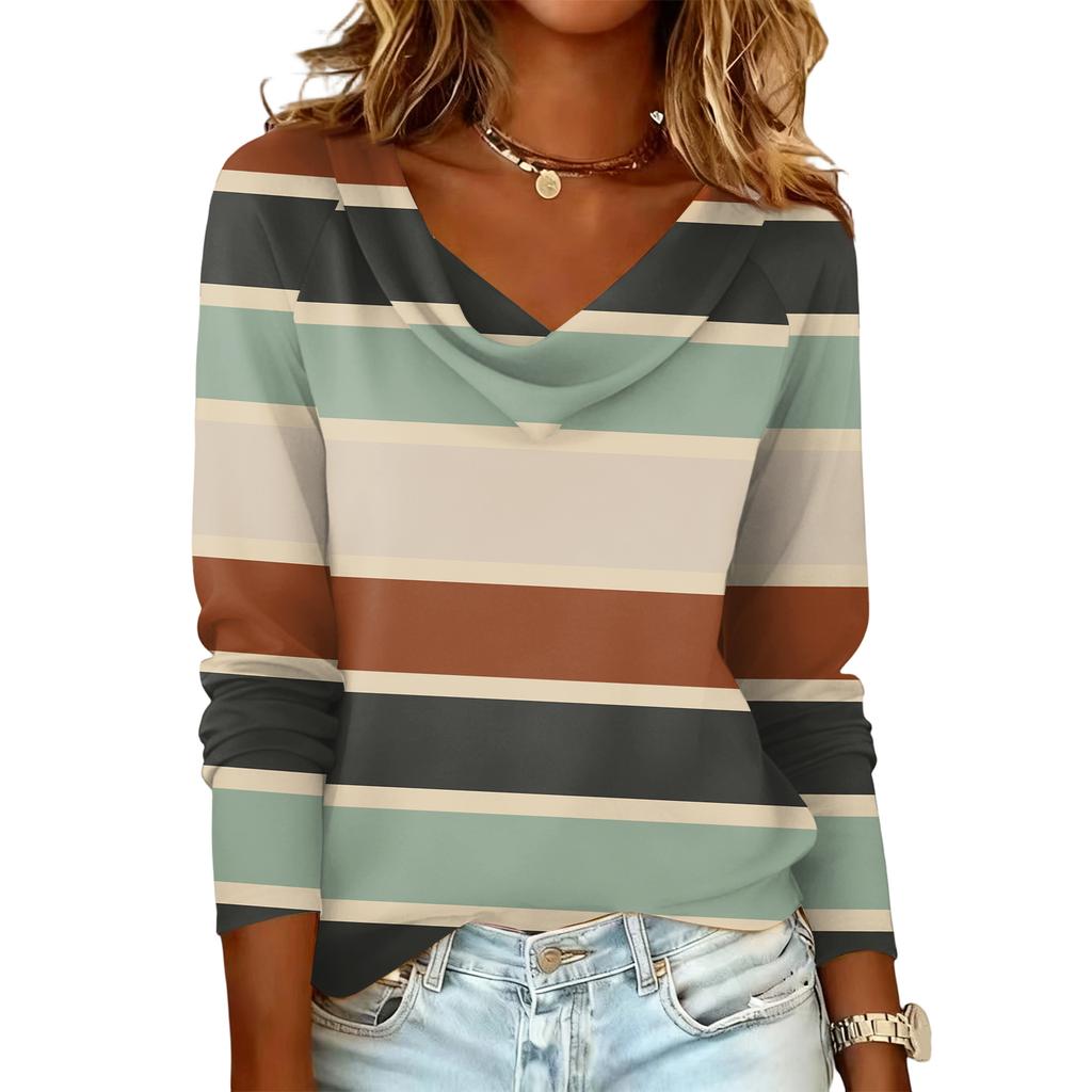 Damen gestreift bedrucktes lässiges und modisches Langarm-Pullover-Oberteil