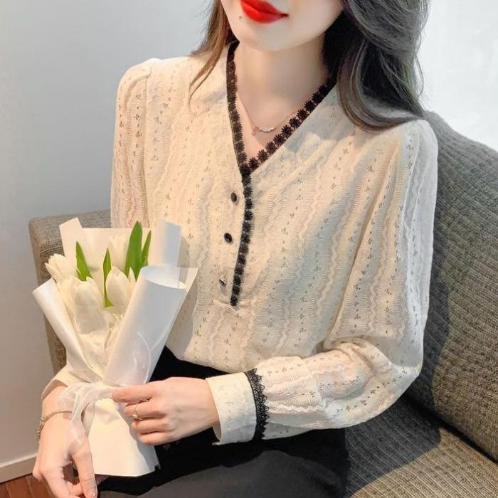 Chic French Style Lace Shirt for Women, V-Neck and Trendy Design, Ideal for Autumn Season, Unique and Beautiful