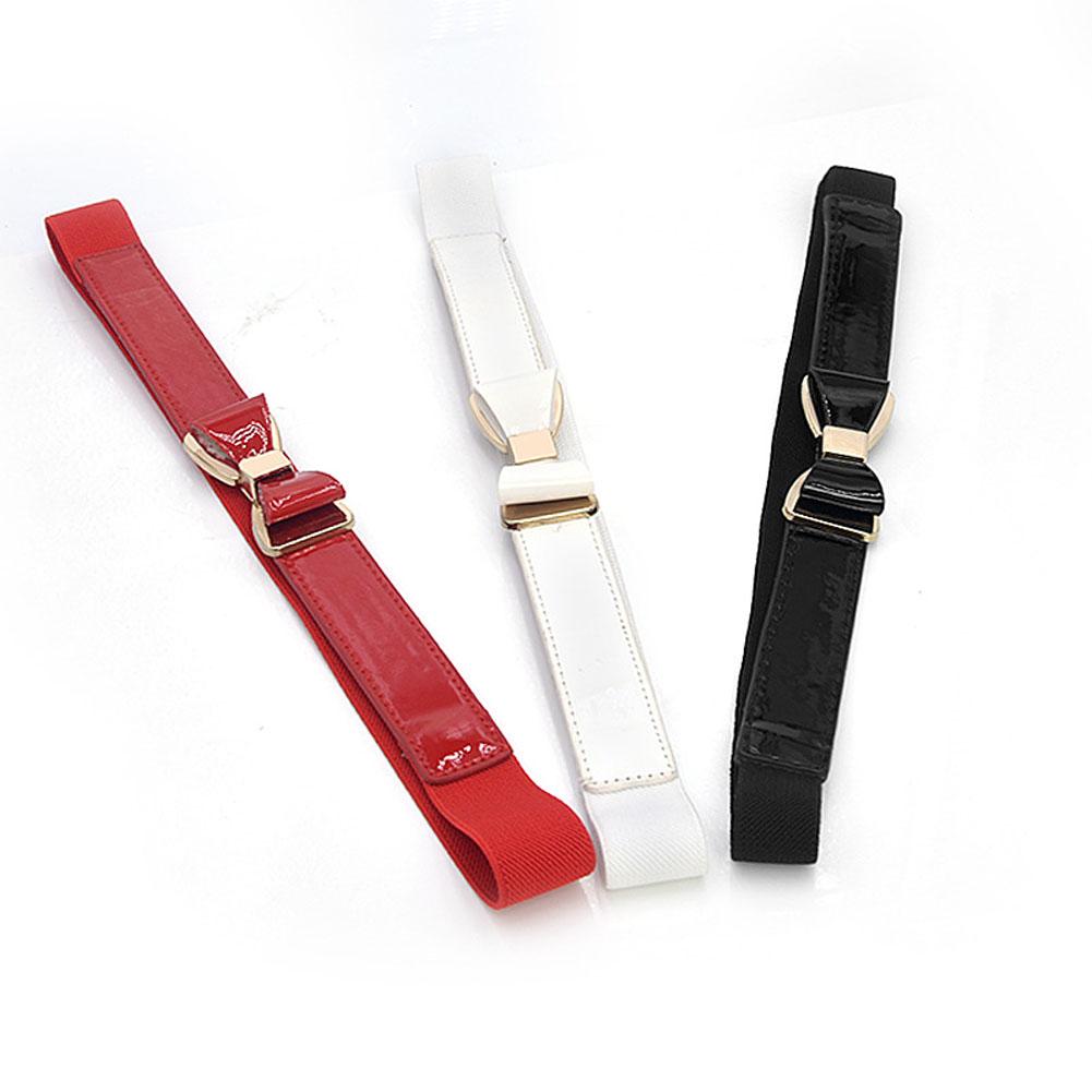 Lady Simple Elastic Thin Waistband Bowknot Interlock Buckle PU Leather Belt Cummerband