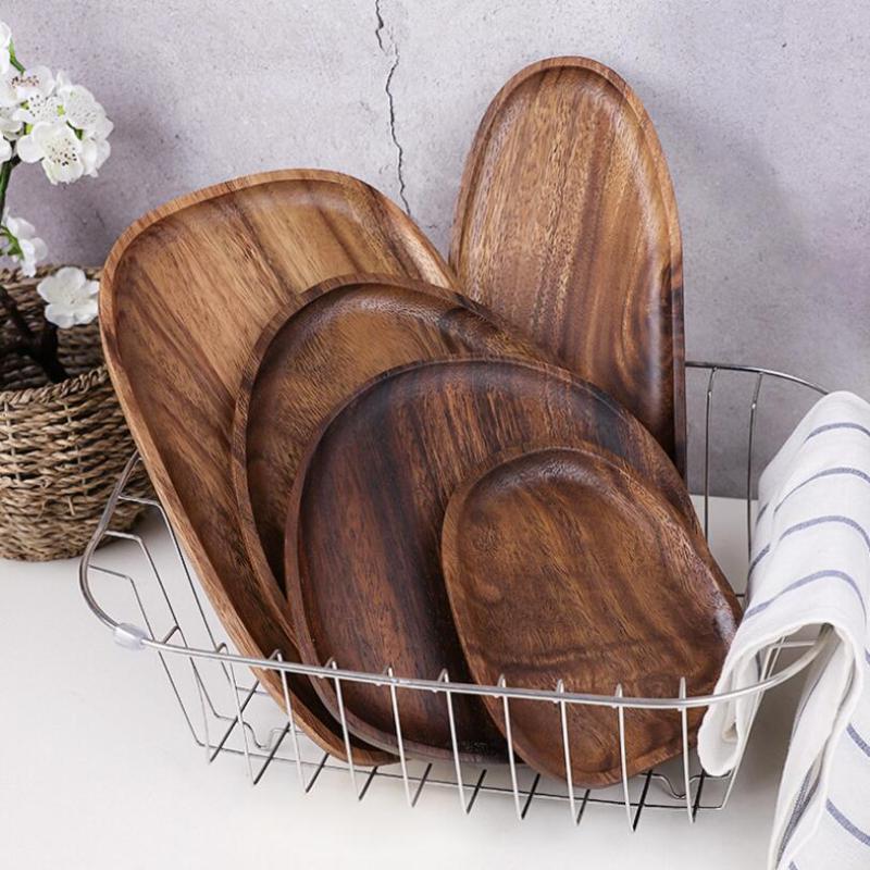 1 stück Ganze Holz Akazie Unregelmäßigen Oval Massivholz Platte Obst Gerichte Steak Pasta Tablett Dessert Teller Geschirr