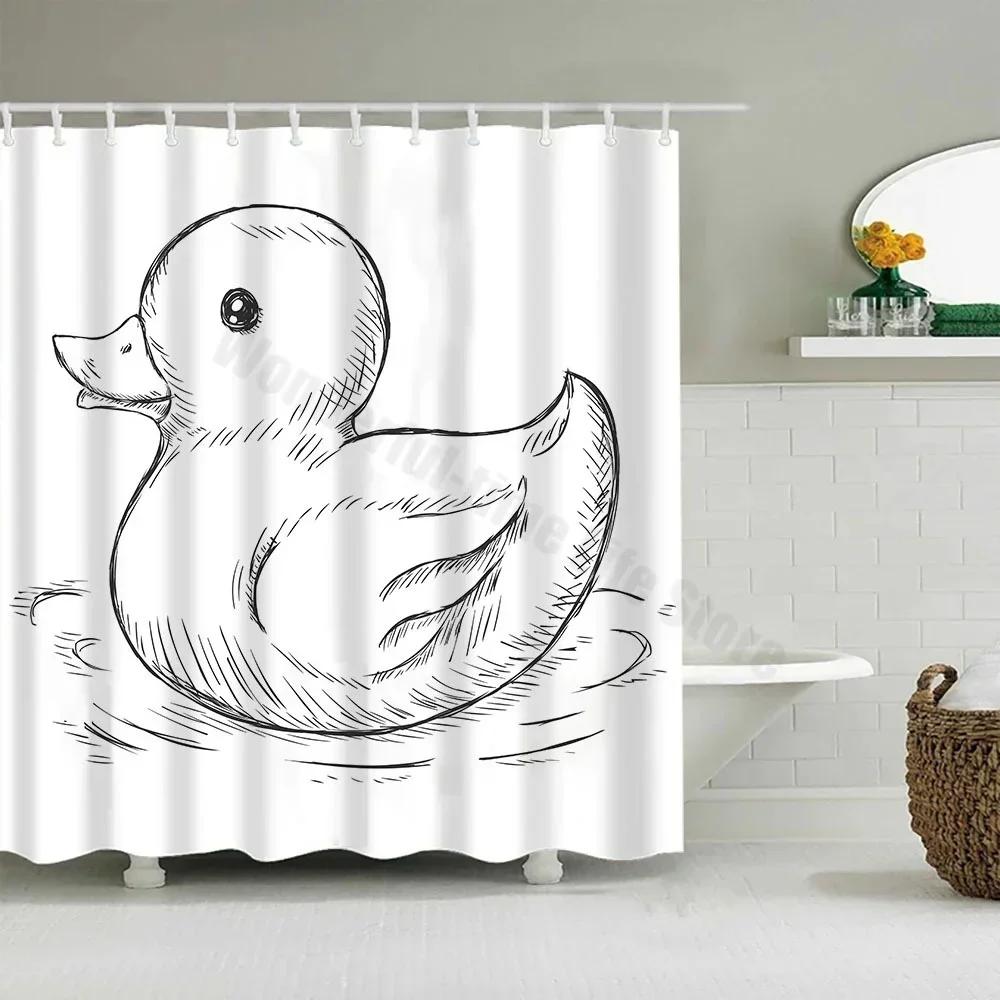 Cute Little Yellow Duck Shower Curtain Cartoon Funny Smiley Face Bathroom Waterproof Bath Duck Fabric 12 Hooks Bathroom Decor