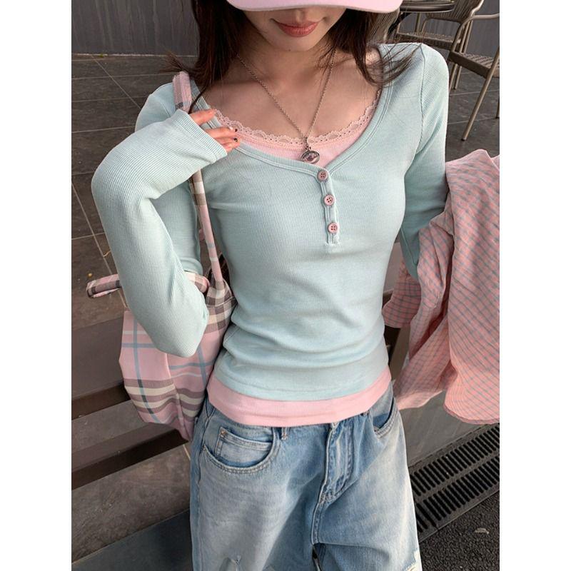 Korean Patchwork Lace Slim Fit Two-Piece Cotton Modal Top (260g) Medium