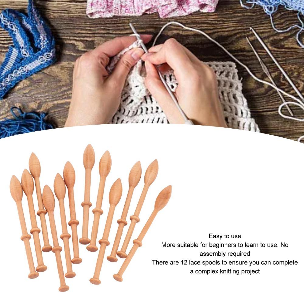 12pcs Wood Wooden Lace Bobbin Brown Weaving Tools Portable Bobbin Lace Kit For Beginners