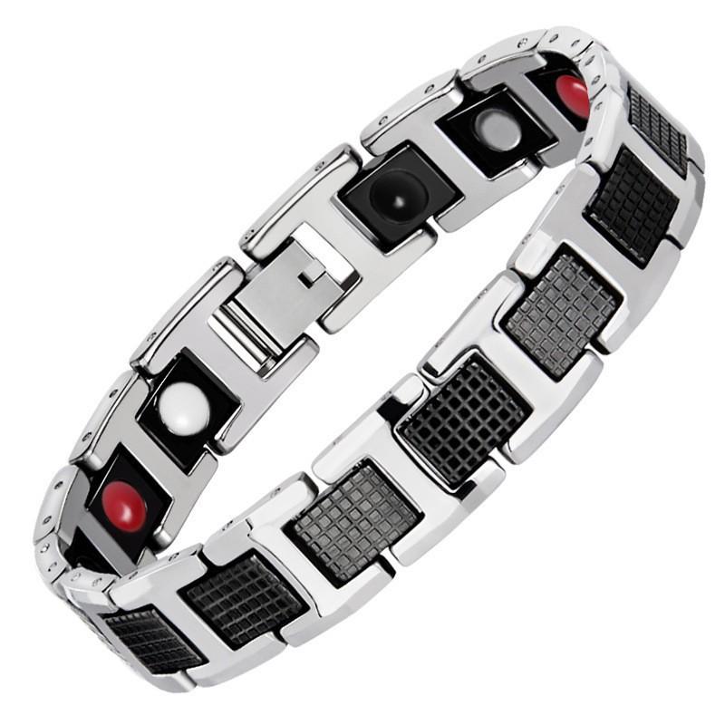 Geometric I-Beam Design Magnetic Therapy Bracelet Men Titanium Steel Adjustable Health Wristband Black Gold