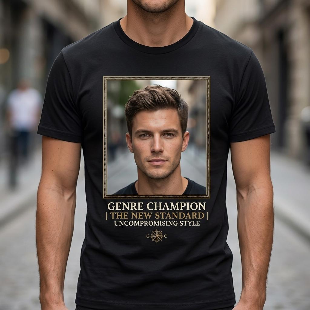 men s black short sleeve crew neck t-shirt with gold framed portrait graphic and bold typography print, soft cotton blend fabric for casual S