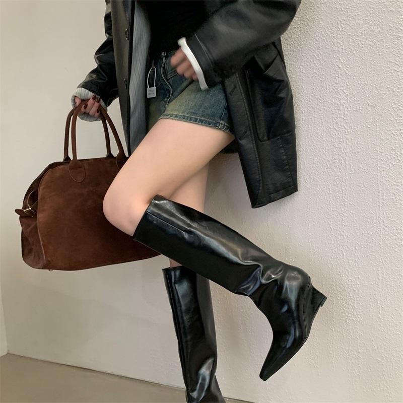Eilyken Autumn Winter Design Pointed Toe Women Knee High Boots Ladies Shoes Wedges Heels Modern Long Booties Largas Mujer