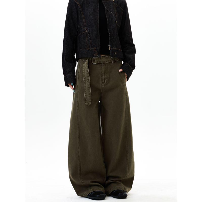 Kisko American Retro Belt Washed Vintage Straight-Leg Jeans Unisex Cleanfit Loose Casual Pants