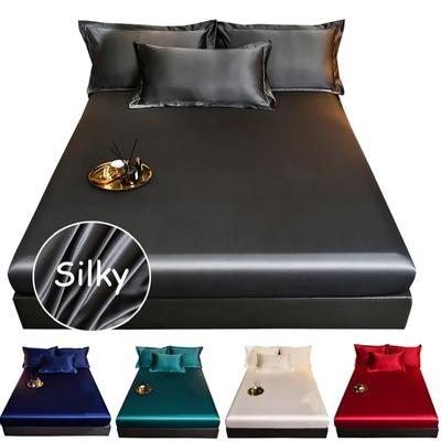 2PC/3PC 1 Set Silk Bed Sheet Satin Silky Fitted Bed Sheet Non-Slip Mattress Cover Bedspreads Bed Linen Washable Mattress Cover