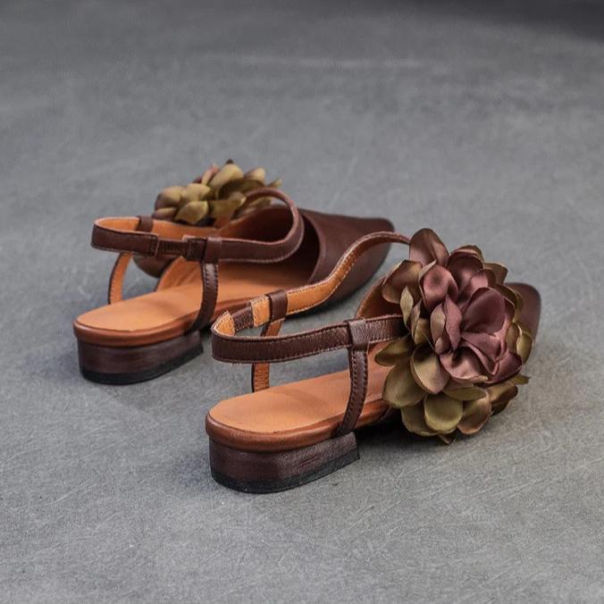 Johnature Genuine Leather French Flower Pointed Toe Sandals Retro Versatile Women's Low Heel Shoes