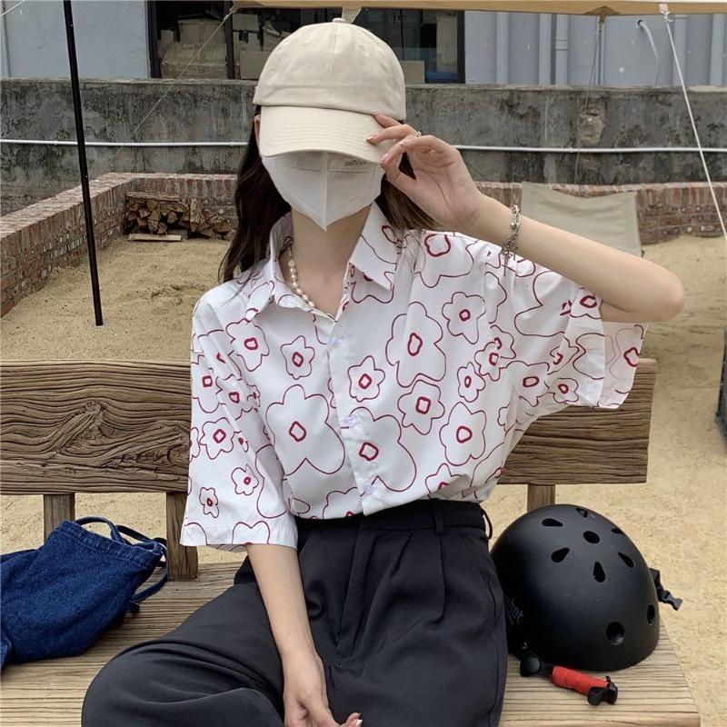 Summer Women's Short Sleeved Shirt Small Floral Print Fashionable Casual Tops Korean Style Simple Versatile Ladies Shirt