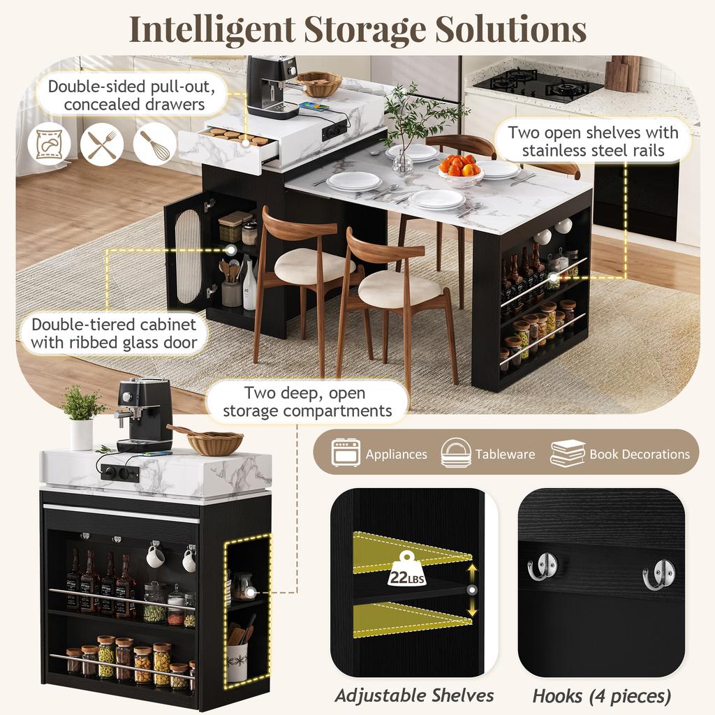 Kitchen Island with Casters, Extendable Dining Table with Foldable Tabletop, Bar Table with Power Strips and Hooks (black)