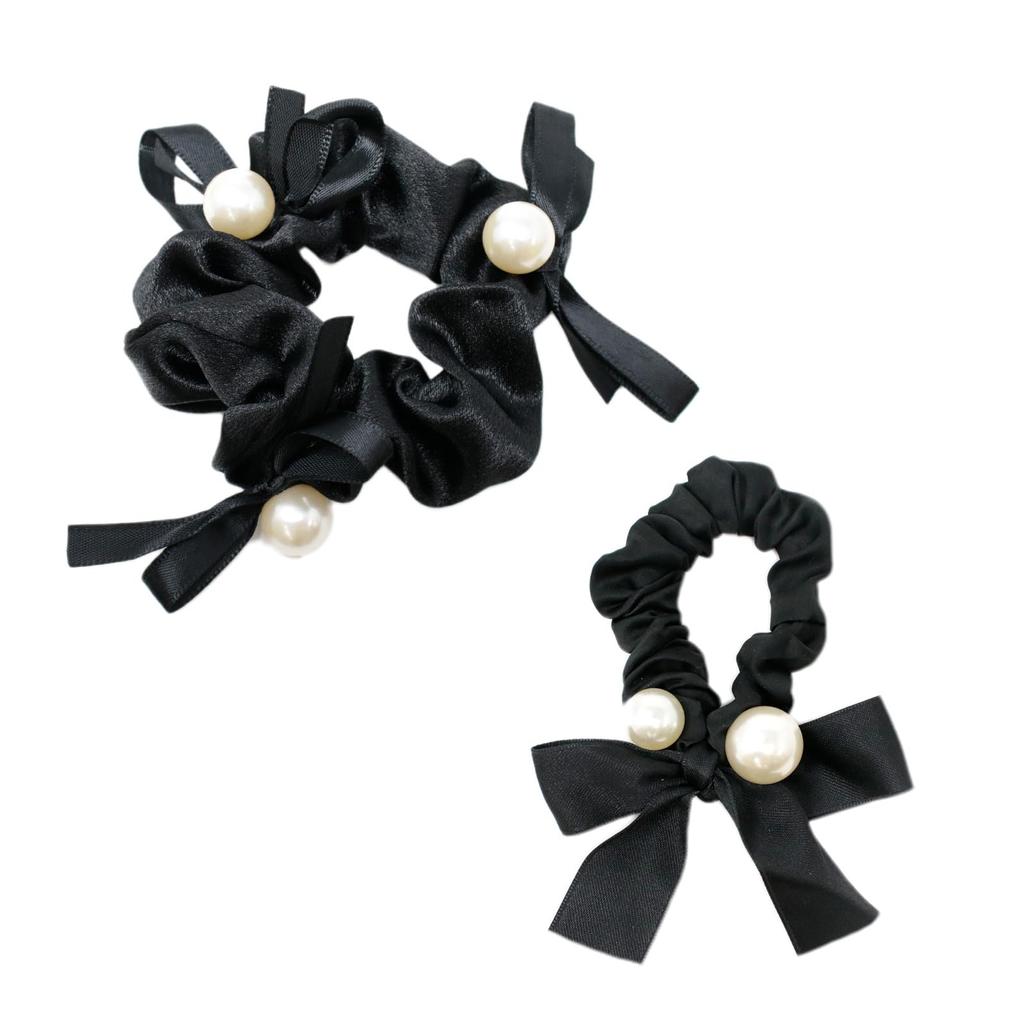 MILASIC Pearl Ribbon Set of Stylish Hair Hair Hair Shiny Satin Perfect for Formal and Casual Wear Scrunchies, 2, Black, Ties, Bands, Accessories,