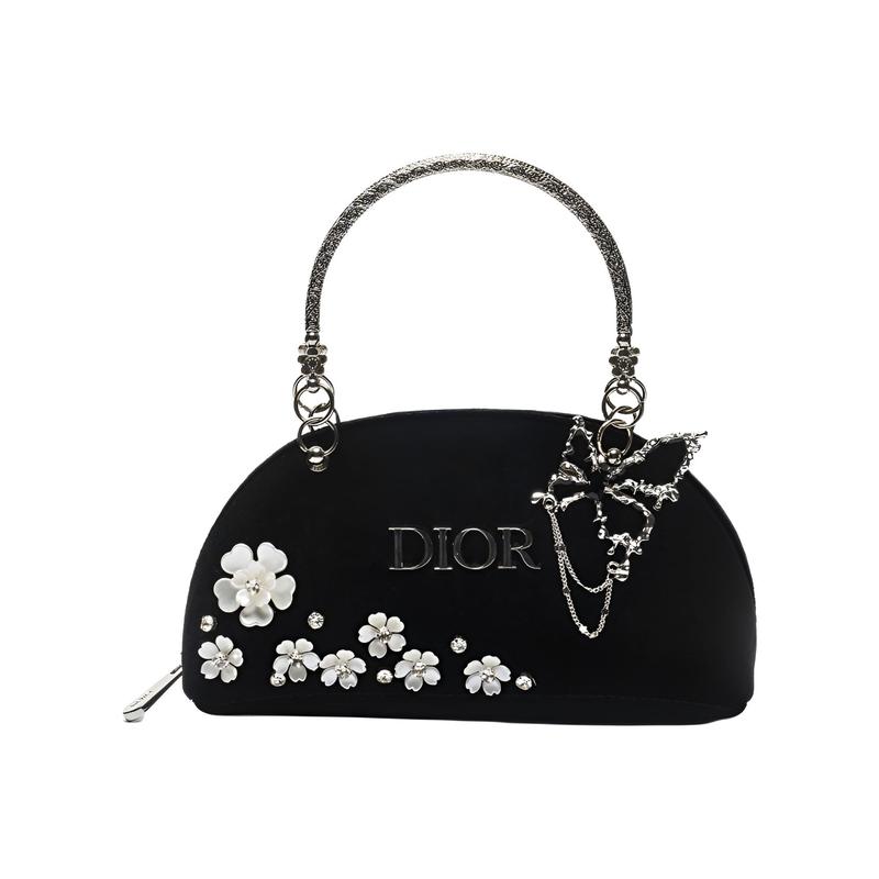 

DIOR Bag [Customized Cosmetic Bag] Prosperous Dream Flower Butterfly Niche High-end Light Luxury Semi-circular Velvet Storage Handbag Black Silver чорний