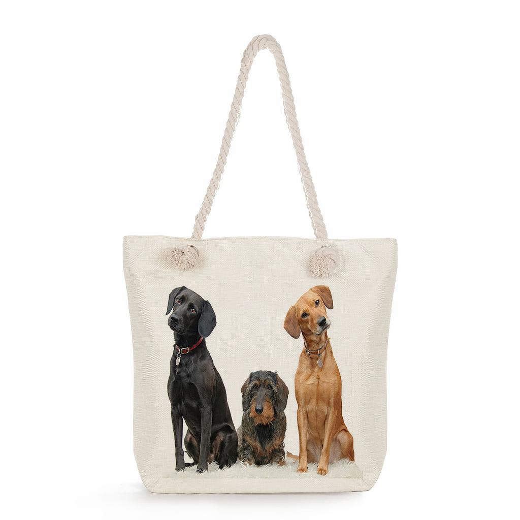 Multifunctional Dog Printed Thick Rope Shoulder Beach Bag Casual Large Capacity Handbag 7620
