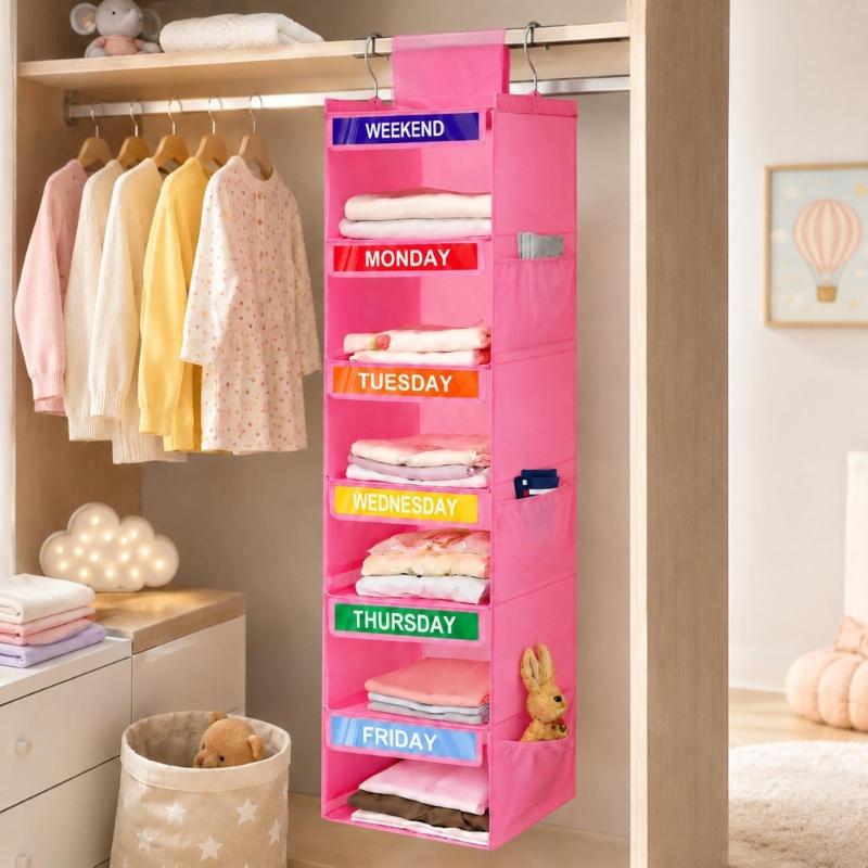 Hanging Closet Shelves for Kids Clothes, 6 Section Weekly Storage with Side Pockets and Fabric Shelf Design for Home Use