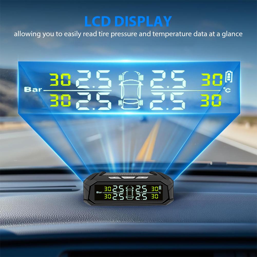 Solar/USB Charging Wireless TPMS W/ 4 External Sensors LCD 2-Digit Display Tire Pressure Monitor System 300mAh Lithium Battery