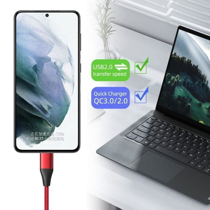 Chargeur Rapide USB-C 25W - iPhone - Câble Nylon 1M - Compatible iPhone 17/16/15- Rouge/Noir