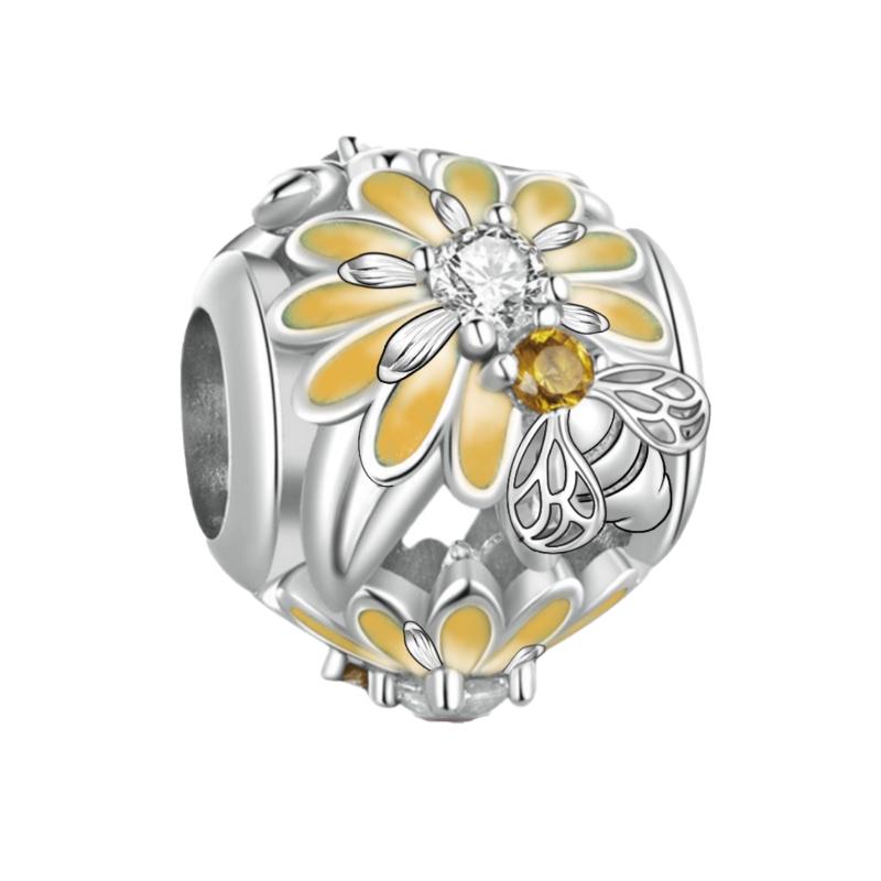 

925 Silver bee jar bee beads yellow daisy flower pandent Charm Fit 4MM hole diameter Bracelet DIY Bead Ms Jewelry Gift