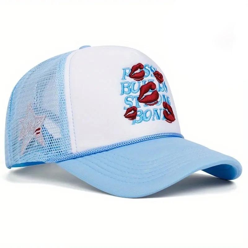 lip print 3D embroidery women men outdoors baseball cap Summer shading breathability Hip hop mesh cap trucker hat