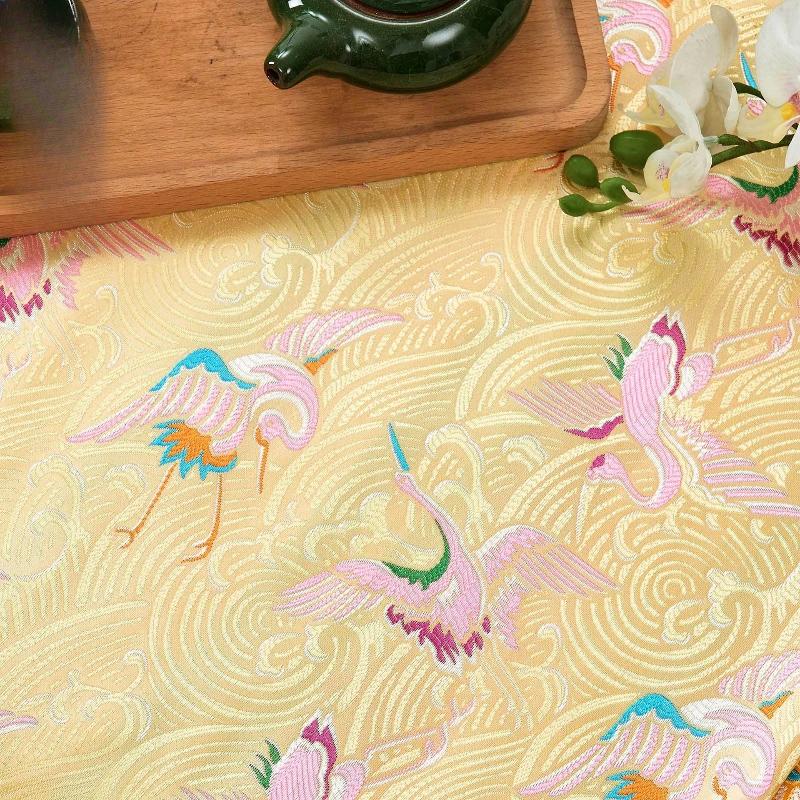 100x75cm Chinese Style Handmade Silk Satin Fabric Cheongsam Stage Embroidered Tissue Paper Crane Pattern Dress Material