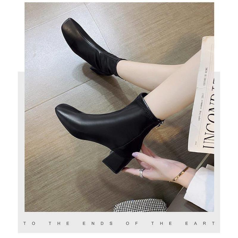 Women's Boots, Winter Square Head Back Zip Short Boots, Women's Chunky Heel Middle Heel Boots Women