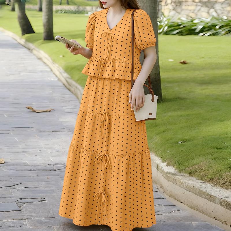 

ZANZEA Женские блузки с коротким рукавом и длинные юбки в горошек, комплекты из двух предметов S